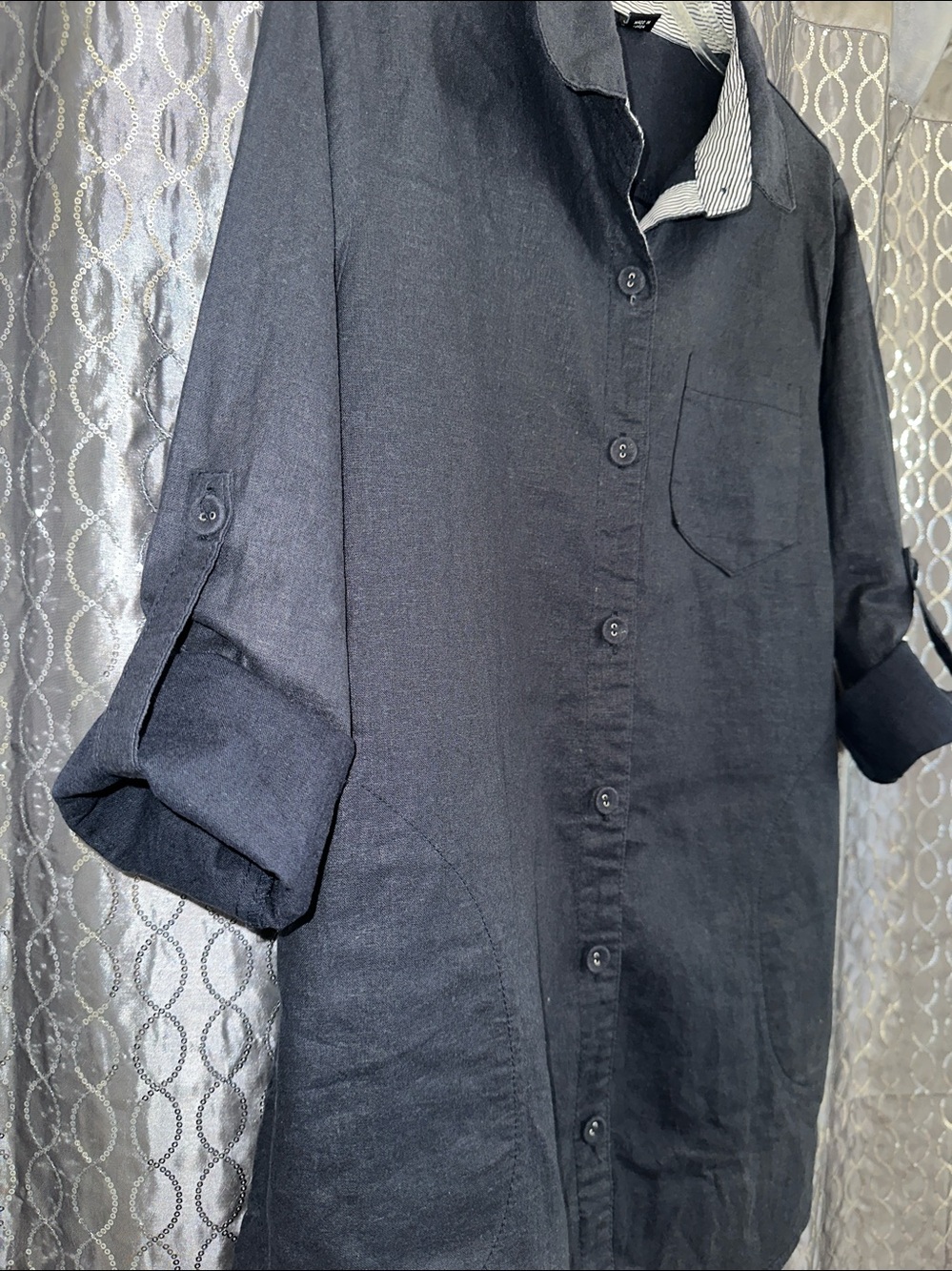 Chic Navy Linen Button-Up Long Shirt Duster with Roll-Tab Sleeves & Back Tie L